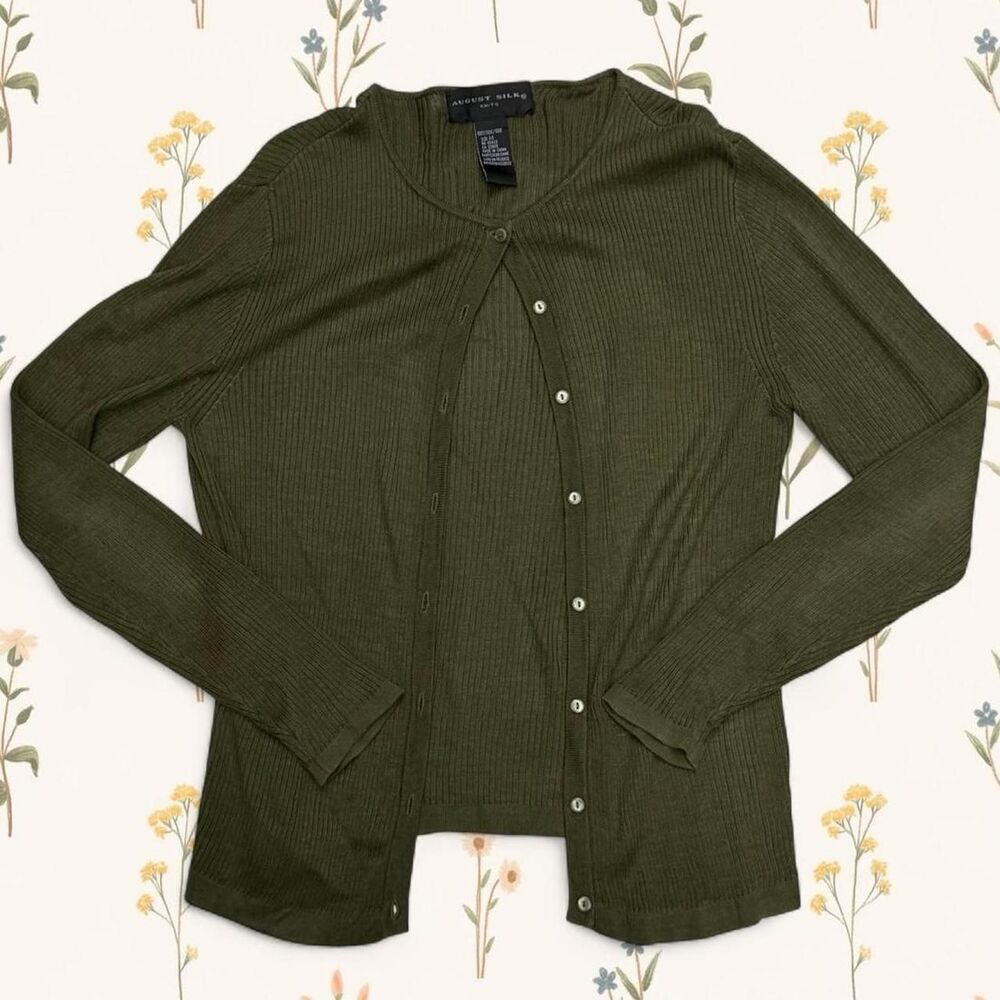 Y2K Vintage 100% Silk Ribbed Knit Cardigan Olive Green - Medium